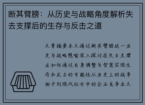 断其臂膀：从历史与战略角度解析失去支撑后的生存与反击之道